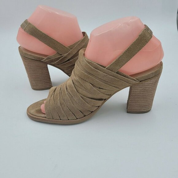 Matisse Mummy Sling Tan Suede Slingback Peep Toe 3" Block Heel Bootie Size 7M - Picture 3 of 11